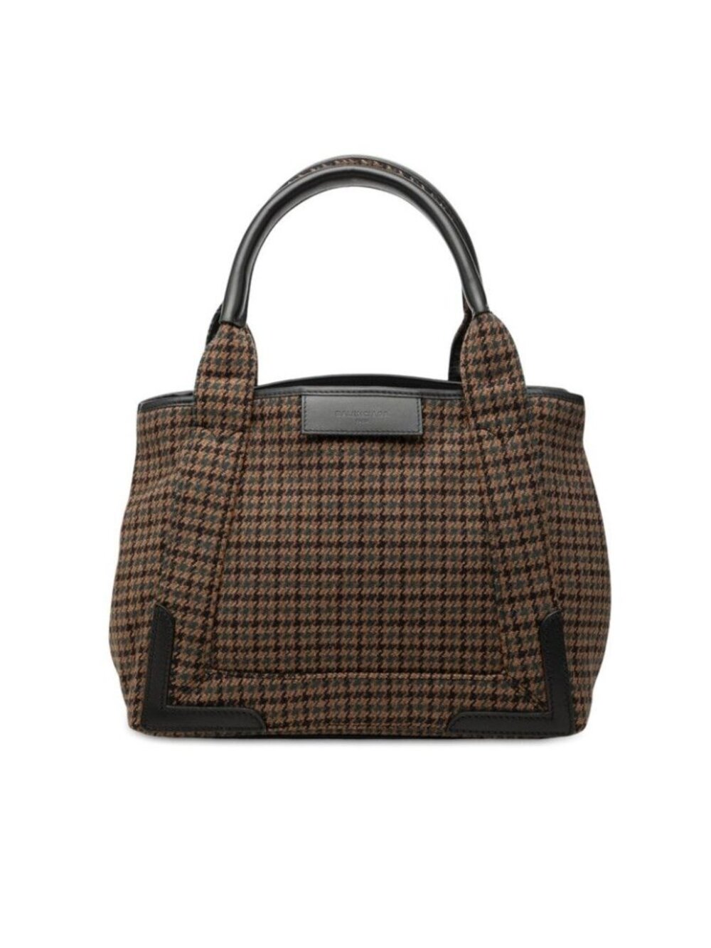Balenciaga Navy Cabas S Houndstooth Tote Bag Brown Wool Leather